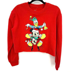 Disney Sweatshirt Women's M Christmas‎ Raw Hem Holiday Donald Duck Mickey Goofy